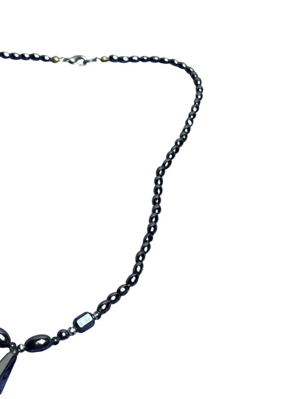 Vtg 90s Artisan Hematite Beaded Necklace Silvertone Lobster Clasp Drop Pendant